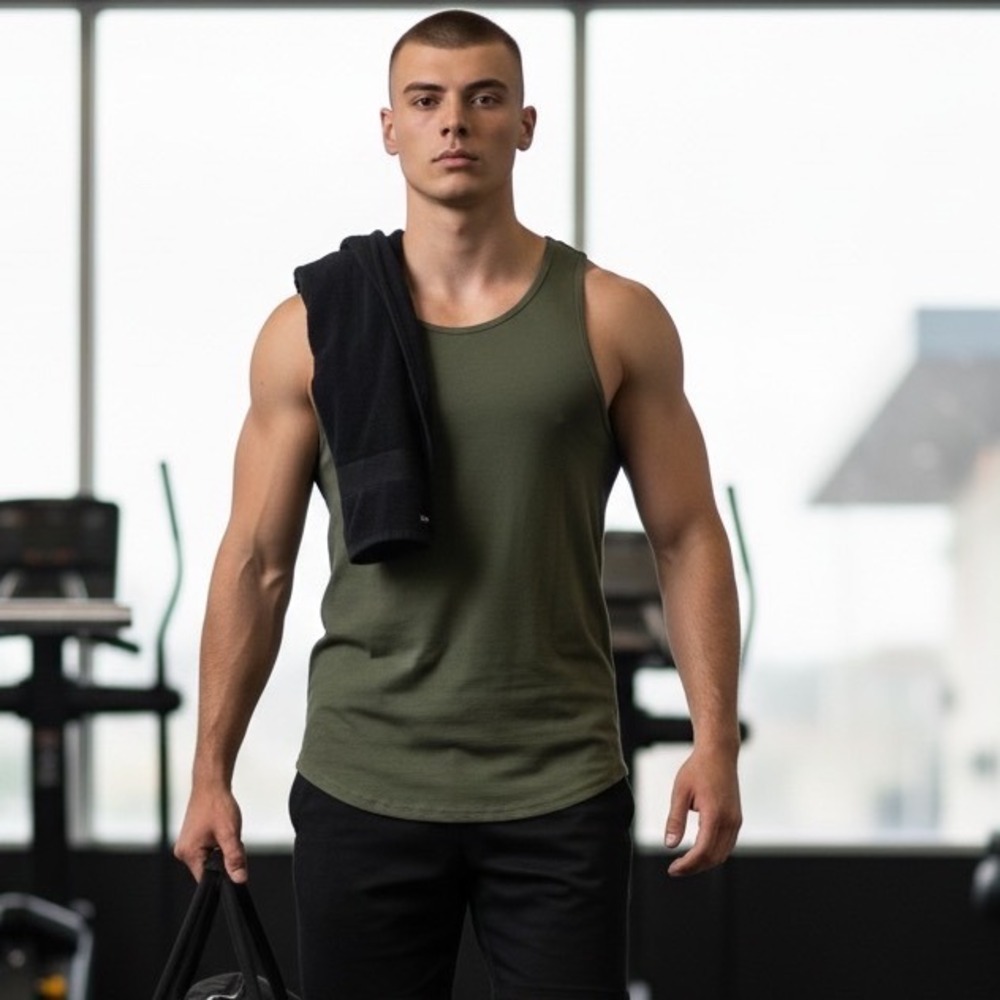 BYLT Premium Basics Lux Tank Top Mens Small Olive Green Curved Hem Athletic Fit
